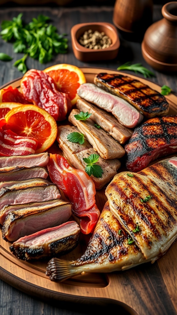 An assortment of meats including steak, bacon, chicken, and fish on a cutting board in a rustic kitchen.